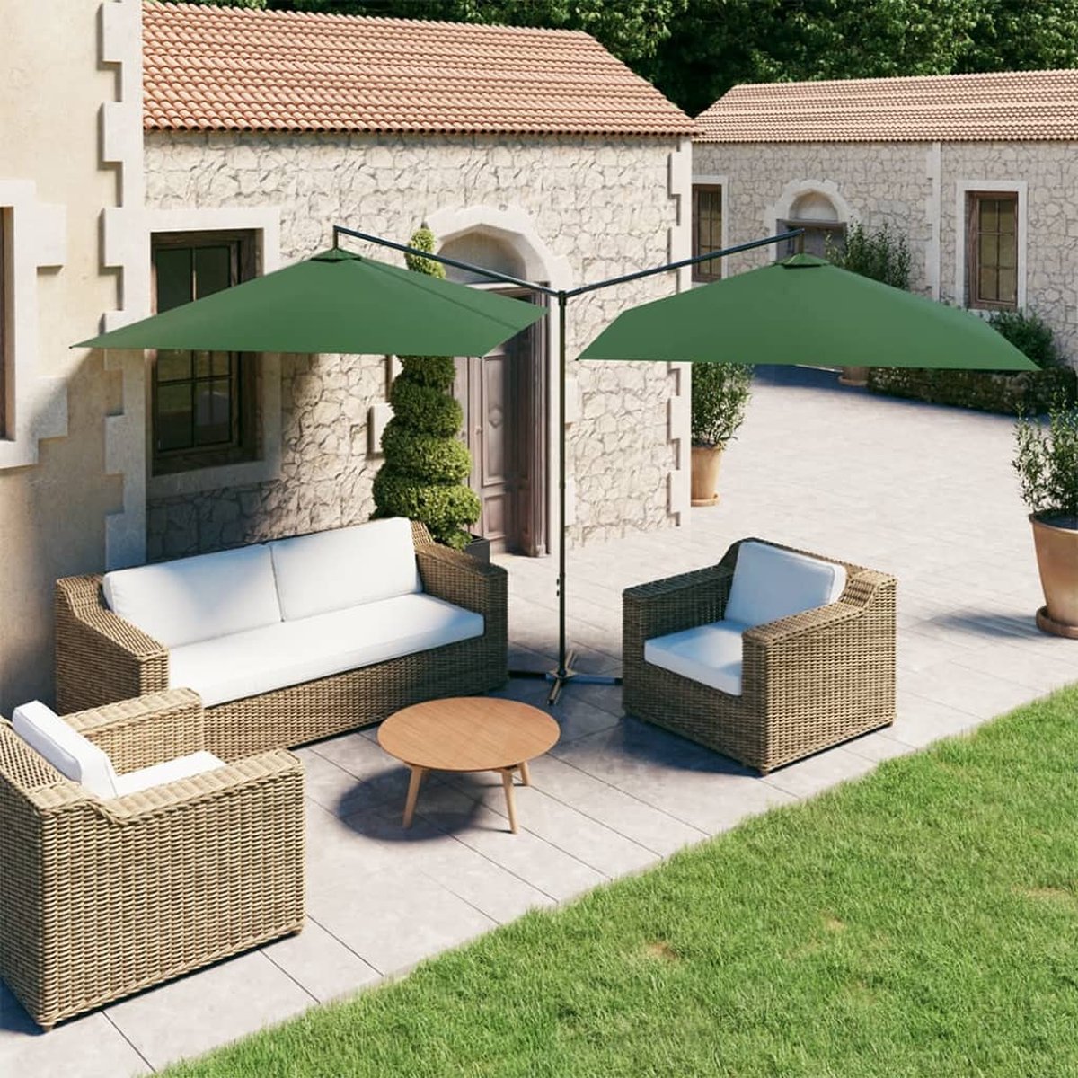 vidaXL - Parasol - dubbel - met - stalen - paal - 600x300 - cm - groen