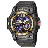 Shockbestendig Heren Horloge Zwart Goud | Smael | 8007 | Shock | Waterdicht | Glow in dark | Mud Master | Licht | Rubberen band | Timer | Eyecatcher | Mooi Cadeau