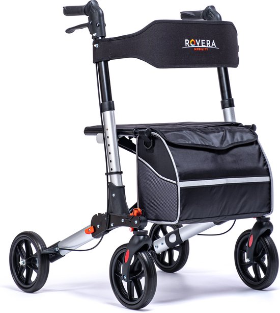 Rovera Mobility® Dubbel Opvouwbare Rollator - Lichtgewicht - Binnen en Buiten - Incl. Luxe, Stijlvolle Rollatortas - Brede Gewatteerde Rugsteun en Zitting - Stijlvol Zilver