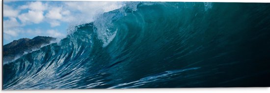 Dibond - Zee - Water - Golf - Blauw - 90x30 cm Foto op Aluminium (Met Ophangsysteem)