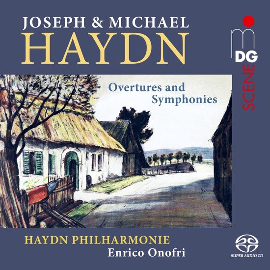 Albumhoes met een schilderij van een dorpje, tekst: Joseph & Michael Haydn, Overtures and Symphonies, Haydn Philharmonie Enrico Onofri.