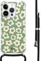 Casevibes - Telefoonhoesje met koord - Geschikt voor Apple iPhone 14 Pro Max - Retro Cute Flowers - Groen - Bloemen