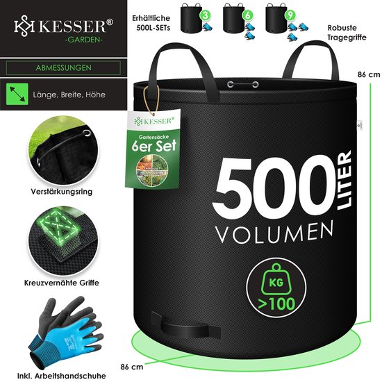 KESSER® Tuinafvalzak Tuinzak Set Bladzak incl. Handschoenen - Zelf Staand 4 Handvatten Stabiel Robuust & Opvouwbaar - Bladzakken Maaisel Tuinzakken voor Tuinafval Groenafval - 6x 500 Liter, Zwart van KESSER — afbeelding 5
