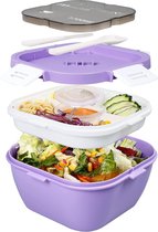Saladecontainer met extra verpakking, lunchbox met bestk voor vol en kinderen, saladebox to go, bento box voor school, werk, picknick, tease, lekvrije broodtrommel, 1700 ml, violet
