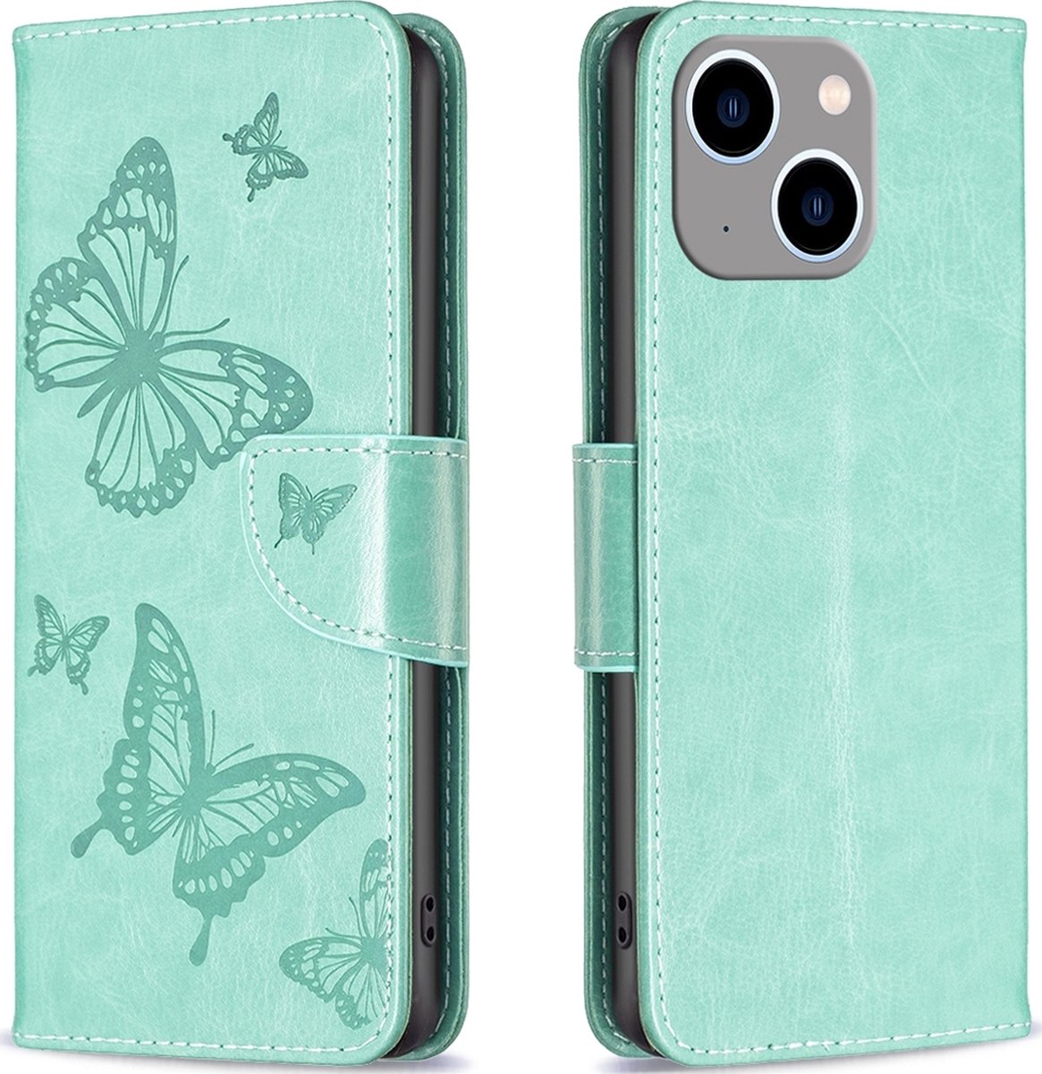 Mobigear Telefoonhoesje geschikt voor Apple iPhone 15 Plus Hoesje | Mobigear Butterfly Bookcase Portemonnee | Pasjeshouder voor 3 Pasjes | Telefoonhoesje voor Pinpas / OV Kaart / Rijbewijs - Groen