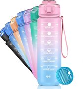 Drinkflessen, 1 liter, met fruitfilter, 1 liter, sportflessen, Tritan, BPA-vrij, bidons met tijdmarkering, lekvrij, fietsfles voor fiets, outdoor, yoga, kinderen (roze blauw)