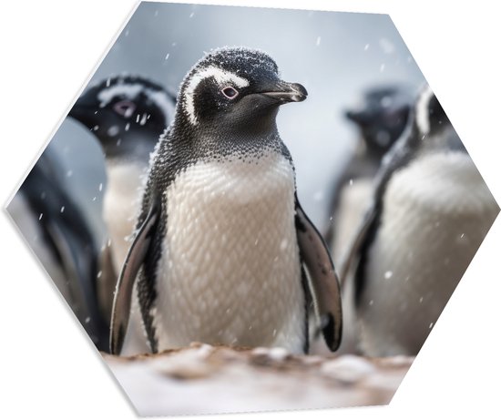PVC Schuimplaat Hexagon - Groep pinguïns waggelen door de sneeuw heen - 70x60.9 cm Foto op Hexagon (Met Ophangsysteem)