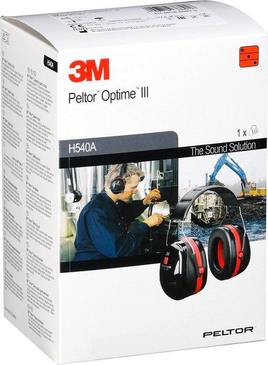 Verpakking van 3M Peltor Optime III gehoorbescherming. Toont productvarianten en toepassingen.