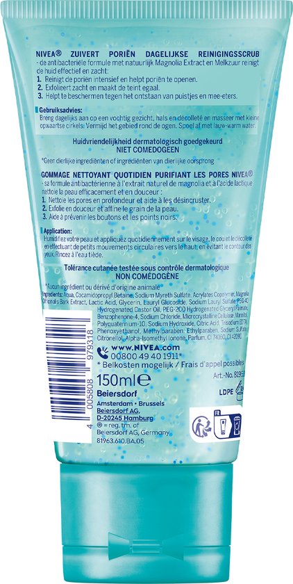 NIVEA Essentials Dagelijkse Reinigingsscrub - Reinigingsscrub - Voor de onzuivere huid - Melkzuur - Magnolia extract - 150 ml - NIVEA