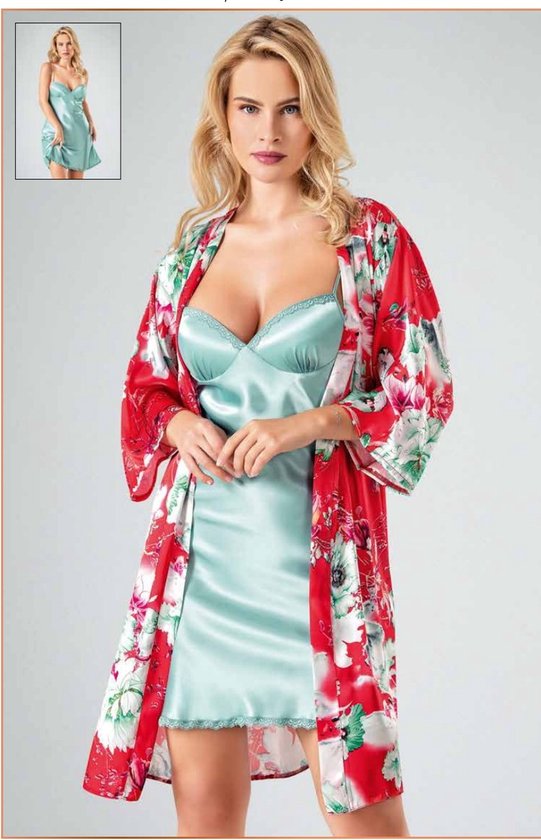 Satijn Dames 2- Delige Nachtjapon/ Ochtendjas -Pyjama- Luxe Pyjamaset- Lingerie- Sexy- Nachtkleding Rood/Mintgroen Maat S