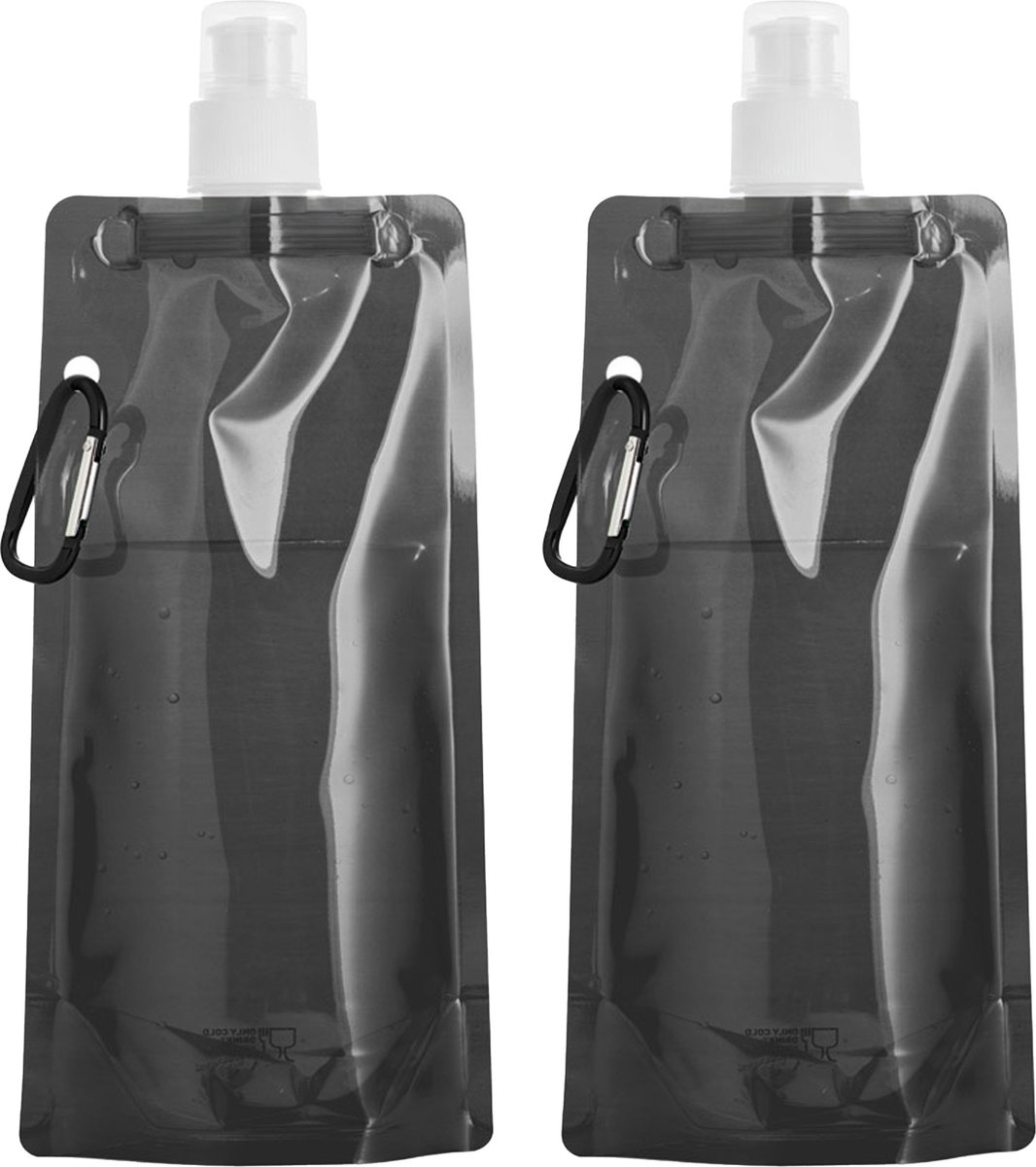 Waterfles/drinkfles/sportbidon opvouwbaar - 2x - zwart - kunststof - 460 ml - schroefdop - waterzak