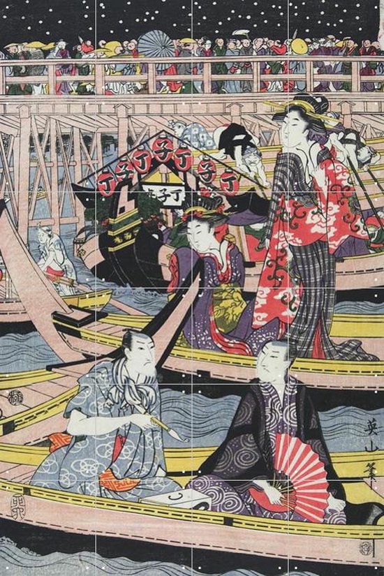 IXXI People enjoying Fireworks at Ryogoku Bridge - Wanddecoratie - Vintage - 80 x 120 cm