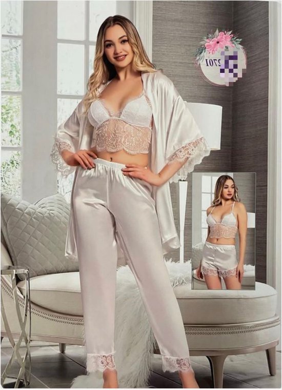 Dames Nachtjapon- 4-delig dames mode pyjama set, jas+ broek+ short+bh- Luxe Pyjamaset- Nachtkleding met kanten 2701- Crème- Maat L