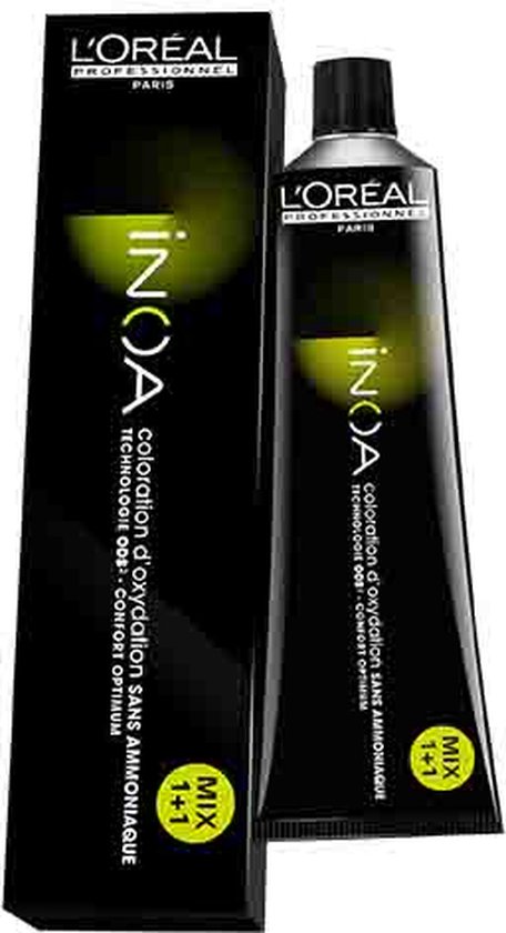 Zwarte tube en doos L'Oréal Professionnel INOA haarkleur in het Frans, met gele accenten.