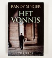 Boek "Het vonnis" van Randy Singer. Een man in pak loopt weg door een architectonisch gebouw. Genre: Thriller.