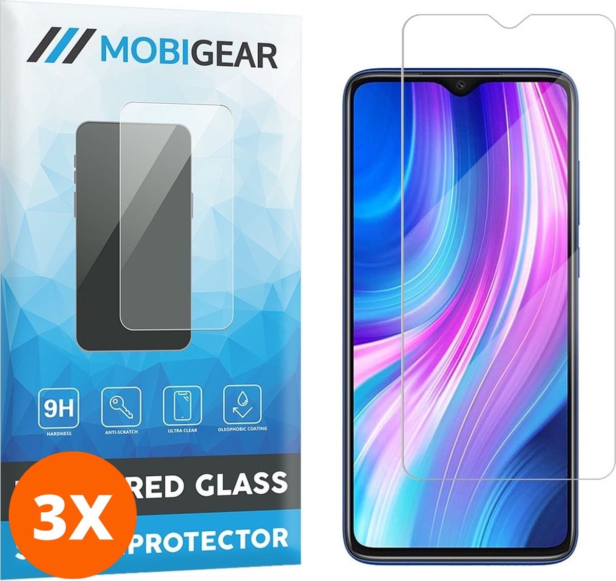 Mobigear Screenprotector geschikt voor Xiaomi Redmi Note 8 Pro Glazen | Mobigear Screenprotector - Case Friendly (3-Pack)