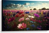 Canvas - Schapenwolken boven Veld Vol met Bloemen in Verschillende Kleuren - 90x60 cm Foto op Canvas Schilderij (Wanddecoratie op Canvas)