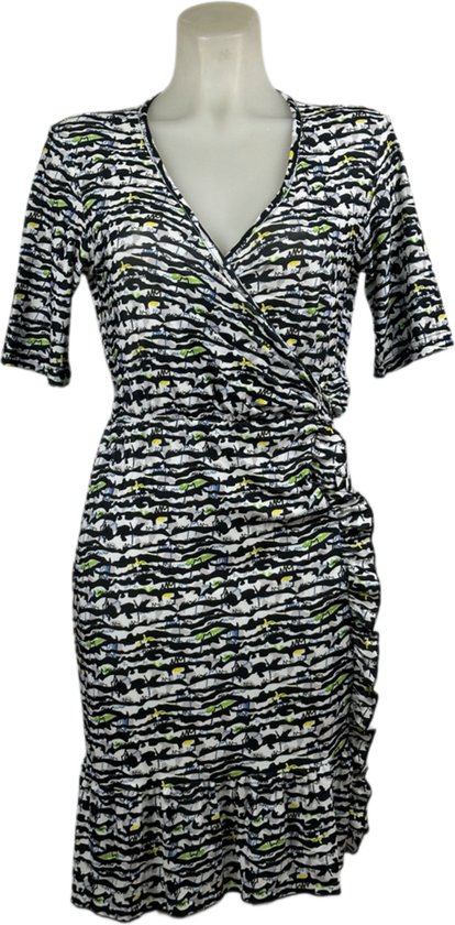 Angelle Milan – Travelkleding voor dames – Zebra Geel Groen Blauwe Lange Mouw OverslagJurk – Ademend – Kreukherstellend – Duurzame jurk - In 4 maten - Maat L