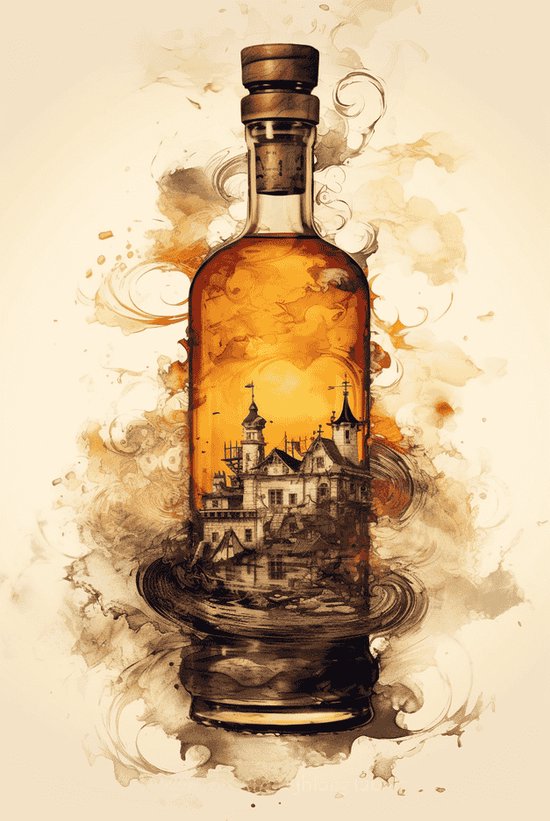 Whiskey Poster | Poster Whiskey glas | Message in a Bottle | Whiskey Karaf | Poster Bar| Whiskey met ijsblokjes | Gentleman Poster | 51x71cm | Geschikt om in te lijsten
