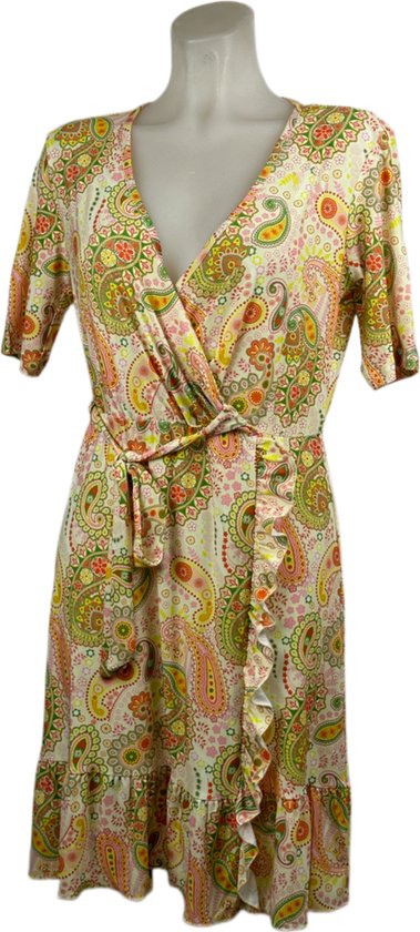 Angelle Milan – Travelkleding voor dames – Geel/Oranje Overslagjurk met Strik – Ademend – Kreukherstellend – Duurzame jurk - In 4 maten - Maat XL