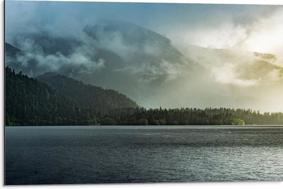 Dibond - Mist - Wolken - Bomen - Bossen - Bergen - Zee - Water - Oceaan - 75x50 cm Foto op Aluminium (Met Ophangsysteem)