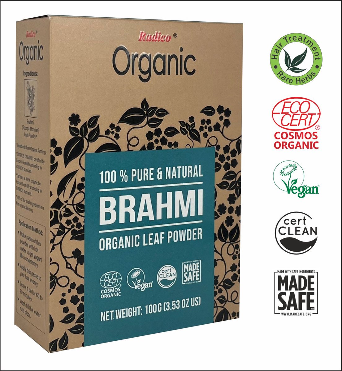 Radico ORGANIC BRAHMI 100% Natuurlijke BIO Organic Vegan Haargroei, Anti- Haaruitval, Anti- Roos, Care, Volume, Kalmerende, Voedende VERSTERKENDE Poeder Haarmasker 2 in 1 met ECOCERT 100g