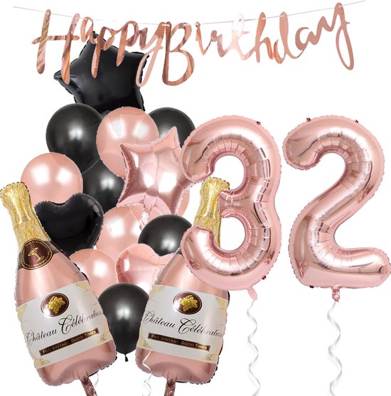 32 Jaar Verjaardag Cijferballon 32 - Feestpakket Snoes Ballonnen Pop The Bottles - Rose Zwart Versiering