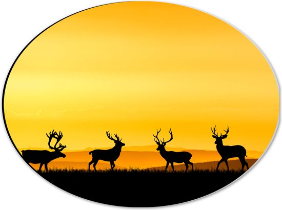 Dibond Ovaal - Silhouet van Herten in het Grasveld in Heuvellandschap - 40x30 cm Foto op Ovaal (Met Ophangsysteem)