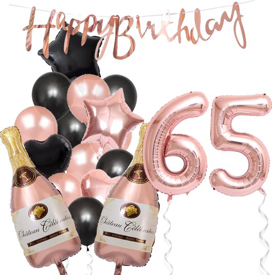 65 Jaar Verjaardag Cijferballon 65 - Feestpakket Snoes Ballonnen Pop The Bottles - Rose Zwart Versiering