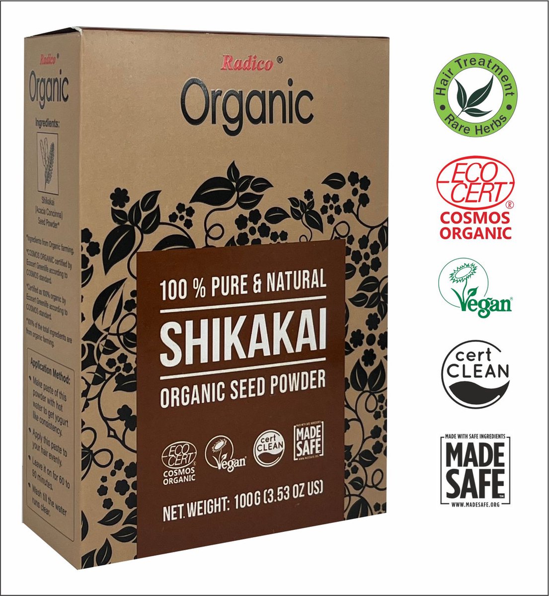 Radico ORGANIC SHIKAKAI 100% Natuurlijke BIO Organic Vegan Haargroei, Anti-Haaruitval, Care, Volume, Kalmerende, Voedende VERSTERKENDE Poeder Haarmasker en Shampoo met Vit. A, C, D, E en K & ECOCERT 100g