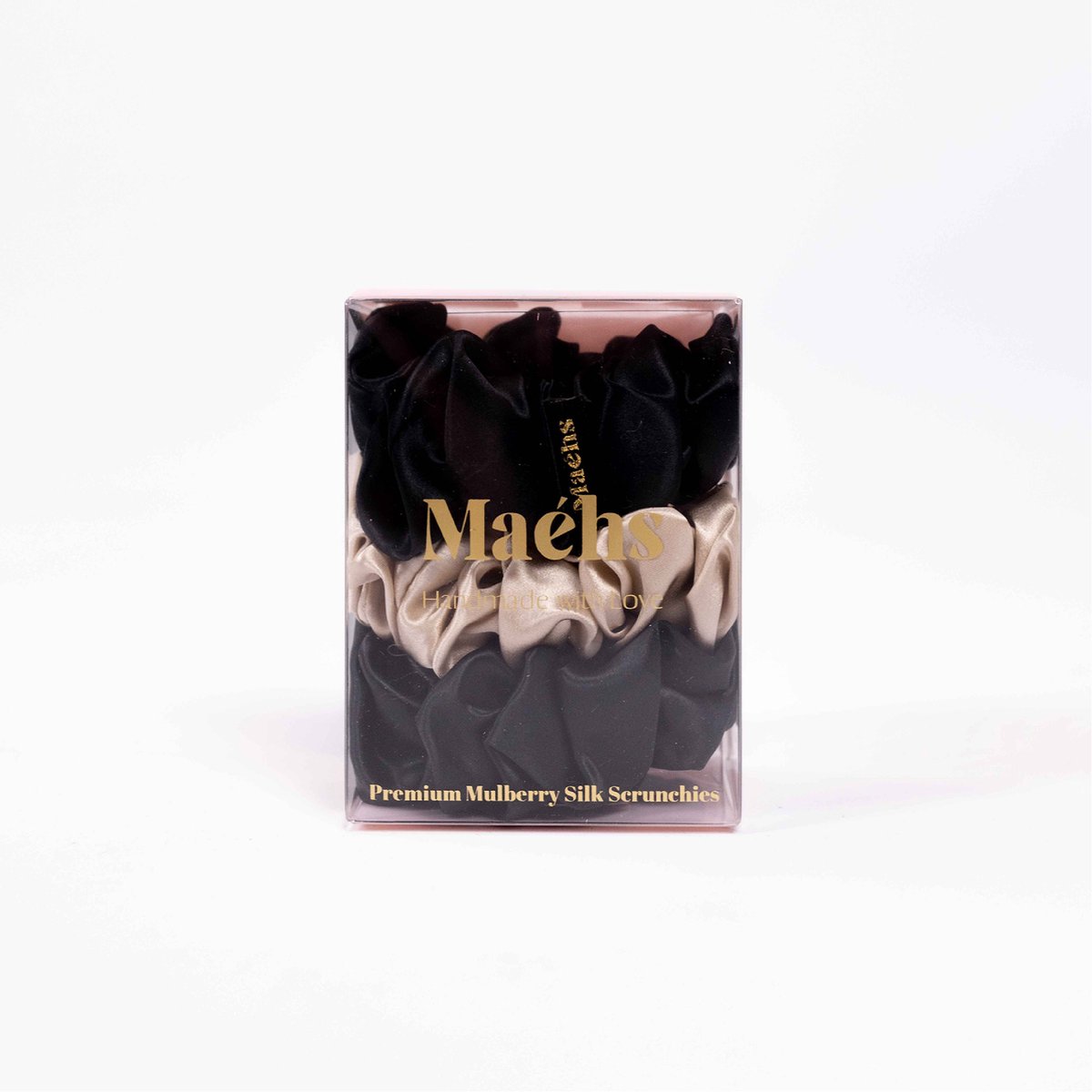 Maéhs Vienna Set van 3 scrunchies large, haaraccessoires - haarelastiekjes - 100% moerbei zijde, kwaliteit 22 Momme - Kleur zwart champagne - cadeautip