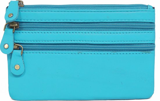 SIP1014 - Blauw portemonneetje met 3 ritsen - blauw beursje voor losgeld - 14 x 9 cm - gerecycled leder - smurfenblauw - klein portemonneetje - STUDIO Ivana