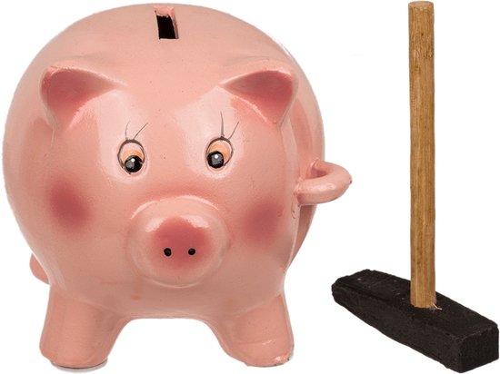 Spaarvarken met hamer in doosje - roze - keramiek - 15 cm - Spaarpot