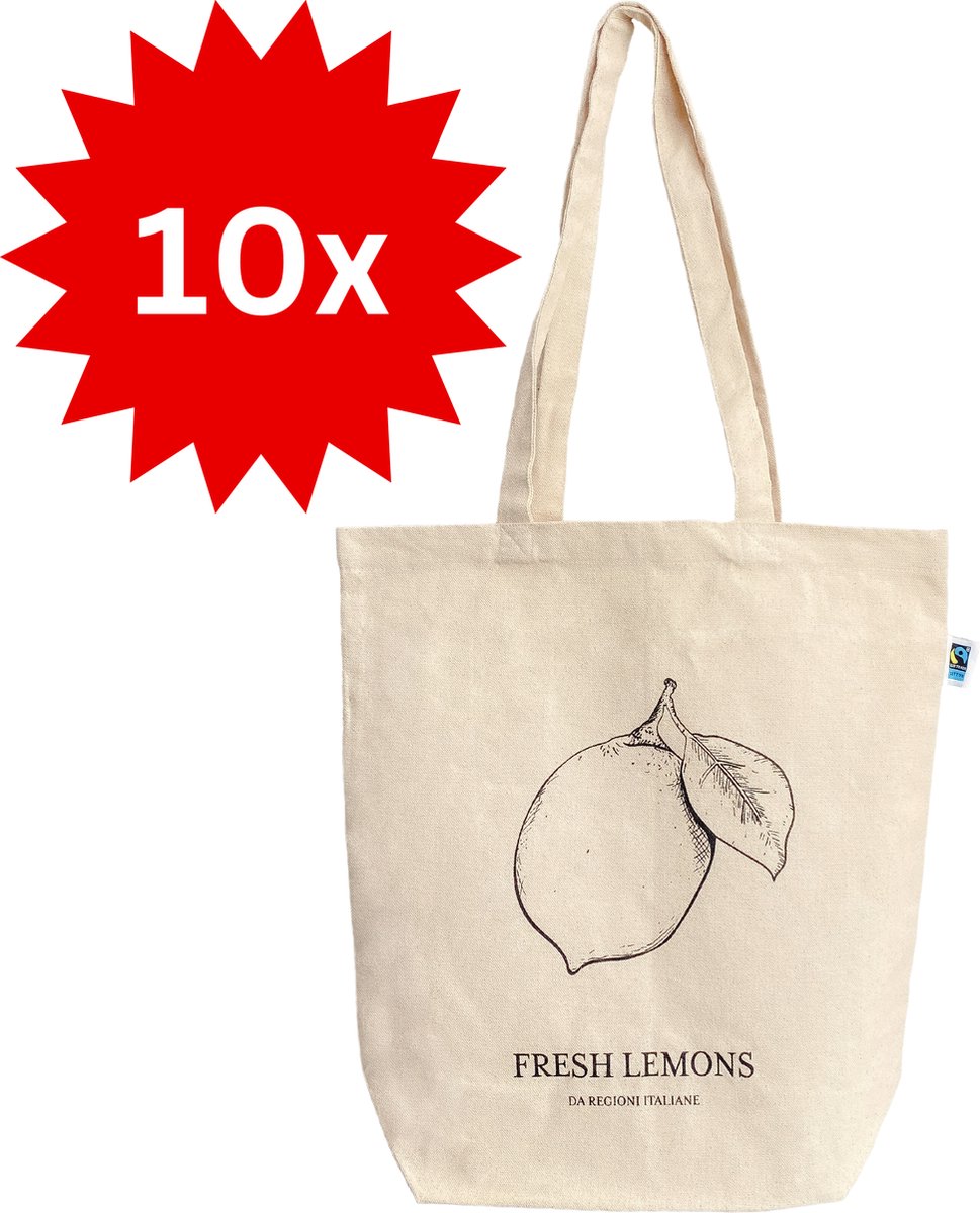 10 Katoenen Tassen Fresh Lemons - Fairtrade Canvas Tas Duurzaam - Zomertas Totebag Schoudertas