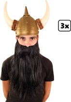 3x Baard met snor 35 cm steil haar zwart - Viking stoer festival thema feest party