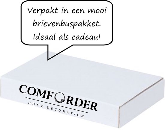Een witte brievenbusdoos met het logo 'Comforder Home Decoration'. De tekstballon zegt 'Verpakt in een mooie brievenbuspakket. Ideaal als cadeau!'