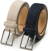 Suede heren riem Bobby - duo pack - beige & blauw - 3,5cm breed - Pantalon & Jeans riem - Nikkelvrije gesp - Riemmaat: 105 cm (Lengte riem: 120 cm)