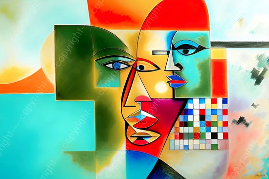 JJ-Art (Glas) 120x80 | Man, vrouw, gezichten, abstract, Picasso stijl, kubisme, kunst - woonkamer slaapkamer | monden, ogen, kleurrijk, felle kleuren, oranje, groen, rood, blauw | Foto-schilderij-glasschilderij-acrylglas-acrylaat-wanddecoratie