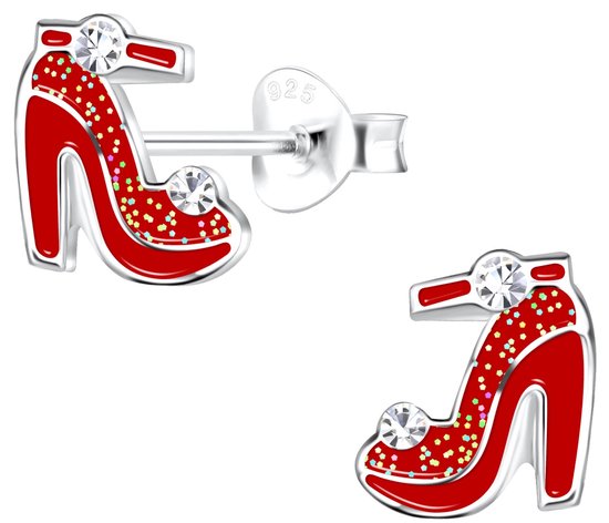 Joy|S - Zilveren schoen oorbellen - hoge hak / high heels - 7 x 9 mm - rood - kristal