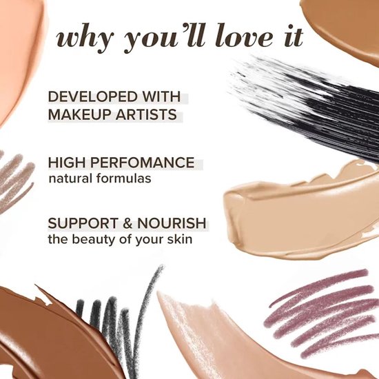 Gekleurde strepen van make-up; ontwikkeld met make-upartiesten, hoogwaardige natuurlijke formules, ondersteunt en voedt de huid.