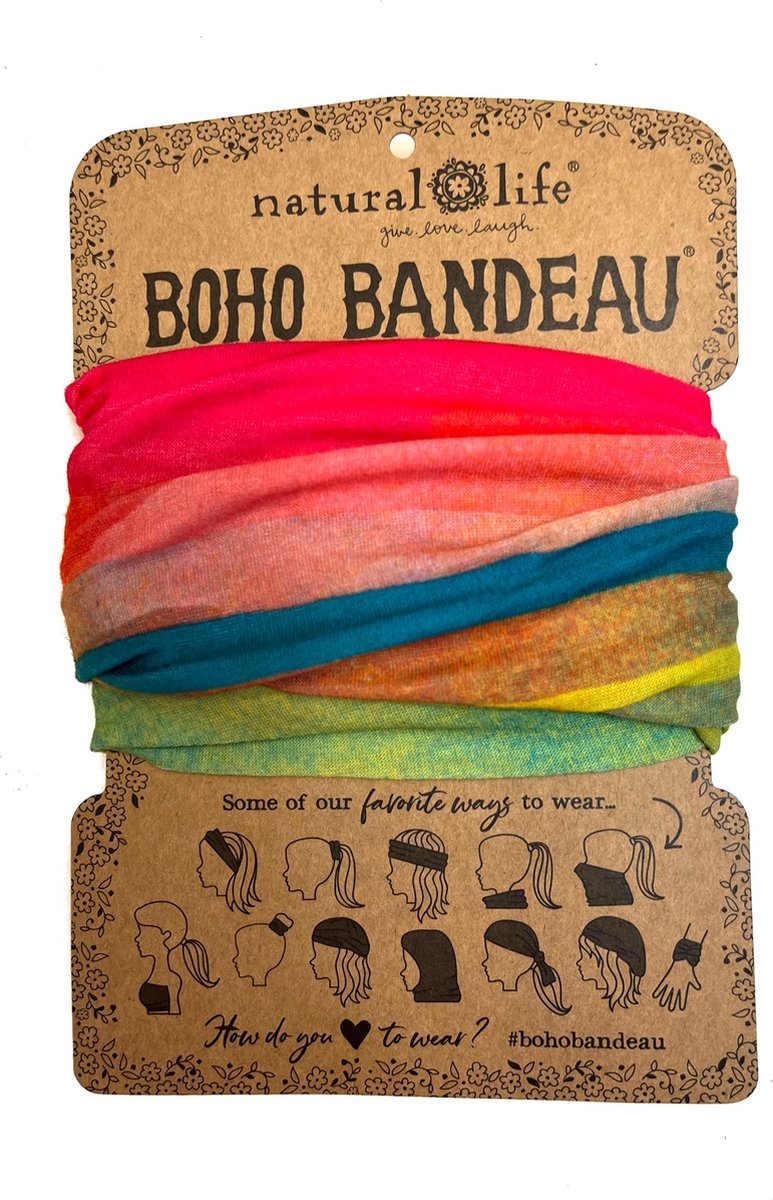 Boho Bandeau, all in one haarband, Natural Life, regenboog kleuren, infinity sjaaltje, sportband, brede hoofdband, kaalheid