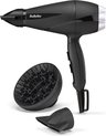 Zwarte BaByliss haardroger met diffuser en smal mondstuk, op een witte achtergrond.