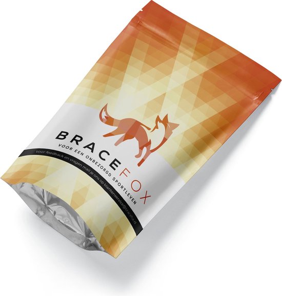 Oranje verpakking van Bracefox met vos logo en tekst.