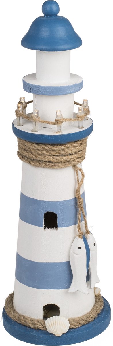 Vuurtoren beeldje met LED licht - Hout - 10 x 30 cm - wit/blauw - Maritieme decoraties binnen