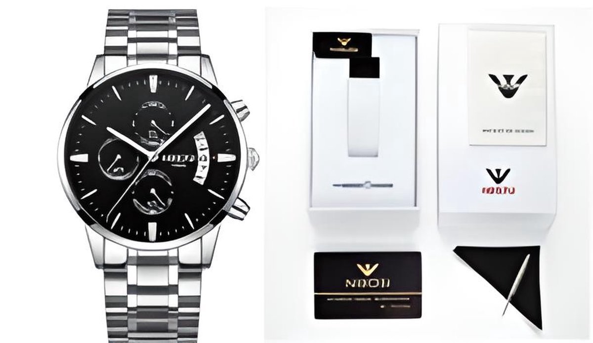 Geschenkset NIBOSI Horloges voor mannen - Luxe Zilver Zwart Design - Heren Horloge - Ø42