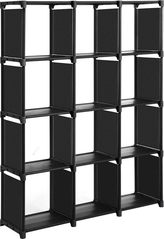 SONGMICS Cube Storage, 12-Kubus Boekenkast, DIY Closet Organiser, Opbergrek in Woonkamer, Kinderkamer, Badkamer, 105 x 30 x 140 cm, Inclusief Rubber Mallet, Zwart