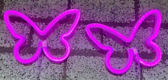 LED vlinders met neon licht - Set van 2 stuks - roze neon licht - Op batterijen en USB - hoogte vlinder 22.5 x 16 x 2 cm - Wandlamp - Sfeerlamp - Decoratieve verlichting - Woonaccessoires