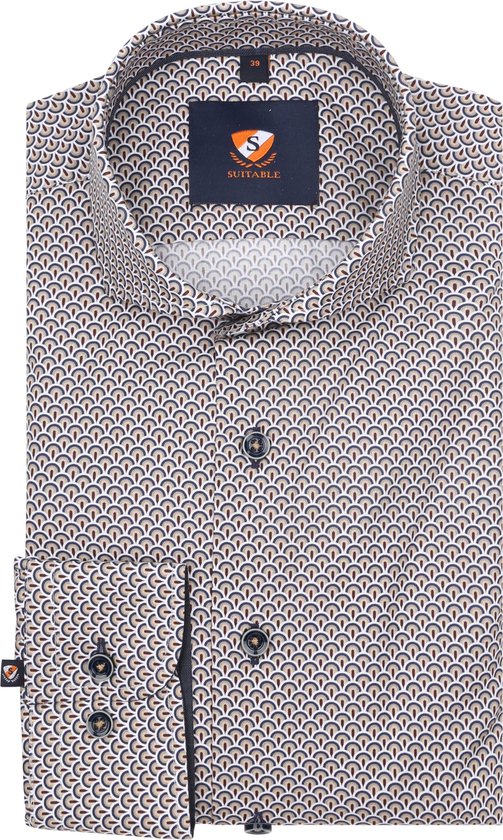 Suitable - Overhemd Twill Print Beige - Heren - Maat 42 - Slim-fit