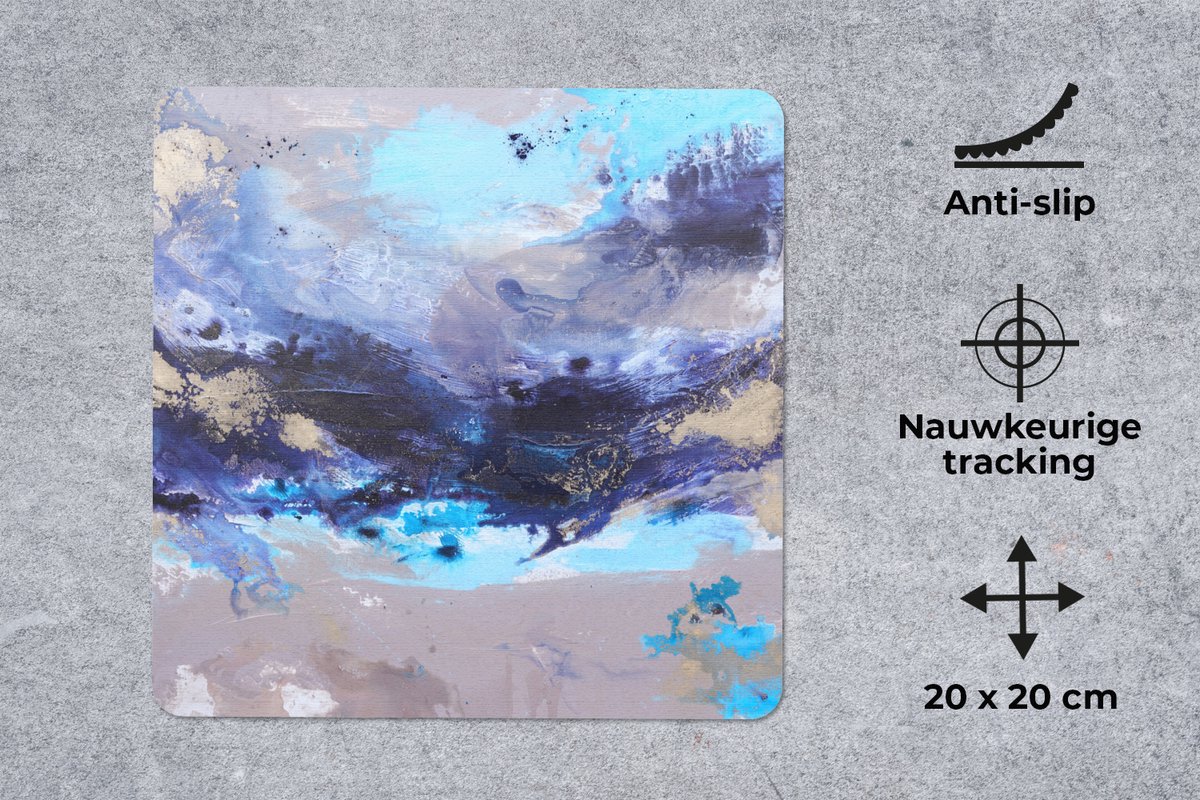 Muismat 20x20 cm - Mousepad Blauw - Grijs - Kunst - Abstract - Verf - Muismatten