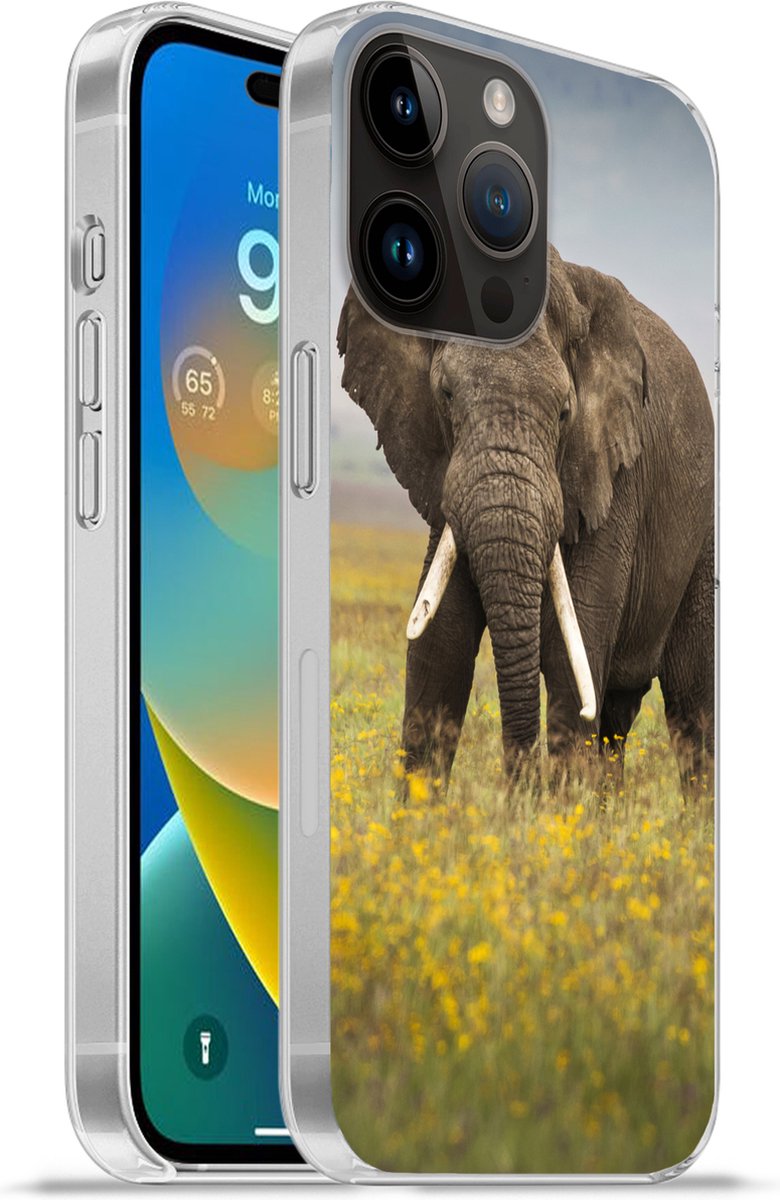 Telefoonhoesje Geschikt voor Apple Iphone 14 Pro Max hoesje - Olifant - Bloemen - Gras - Dieren - Natuur - Siliconen Telefoonhoesje Telefoonhoesje